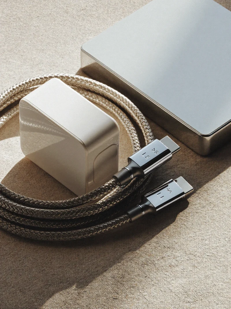 Flettet USB-C-kabel, vægoplader og powerbank på et lyst linnedklæde
