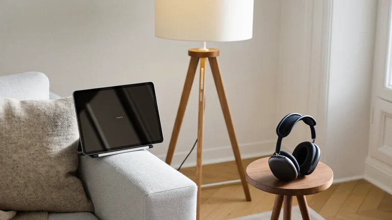 Hyggelig stue med tablet på sofaen, hovedtelefoner på sidebord og lampe